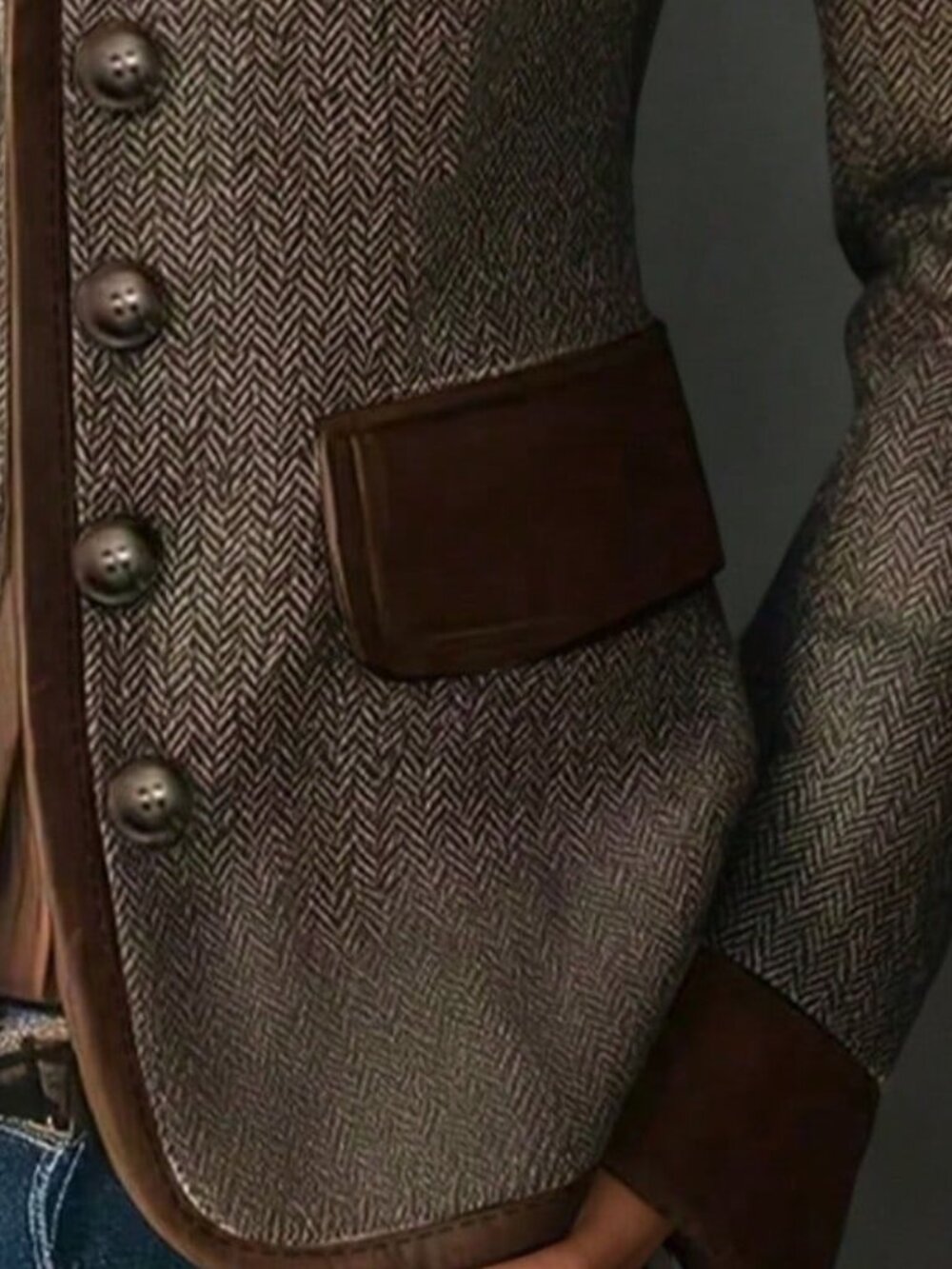 Khaki Elegant Women's Contrast Patchwork Double Pocket Button Fitted Blazer - Picture 3 of 3